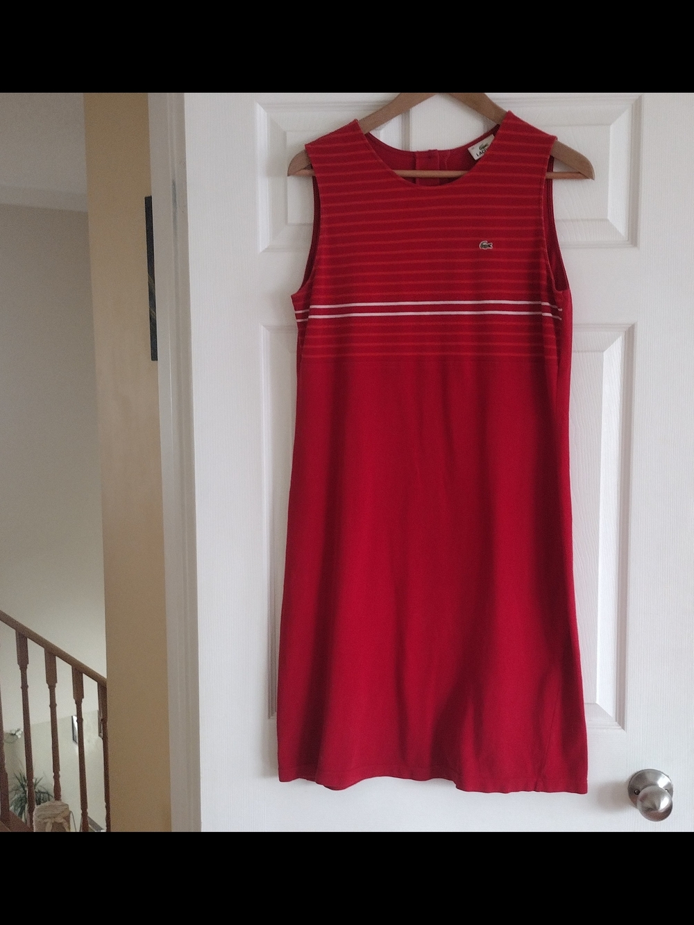 Lacoste Vintage Red Striped Cotton Knit Sleeveless Dress Crocodile Logo